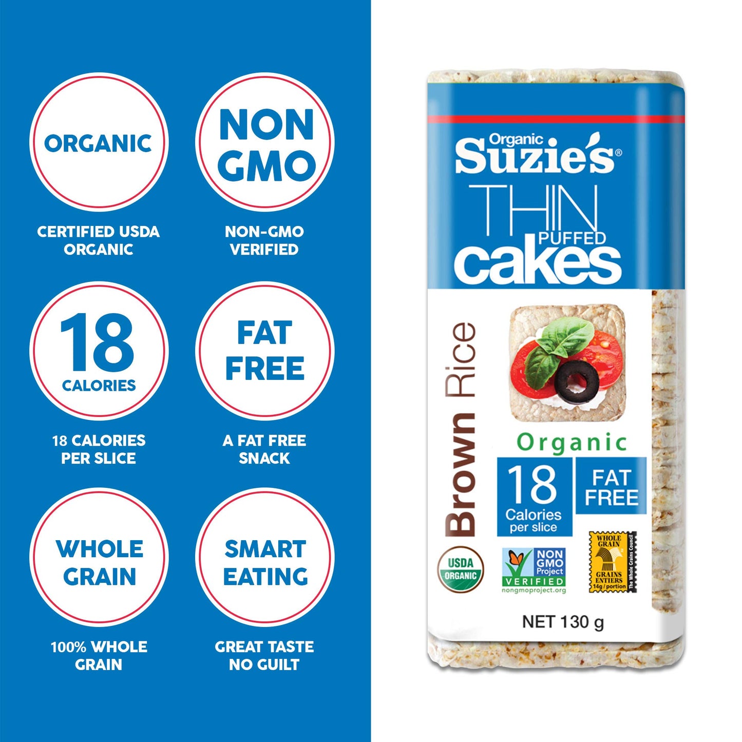 SUZIES Organic Brown Rice Cake Thins, Unsalted, 12 Pack, 4.6 Ounce, Gluten-Free, Low-Calorie Snack