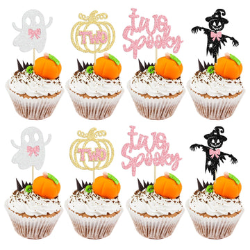 Gyufise 24Pcs Halloween Two Spooky Cupcake Toppers Pink Glitter Ghost Pumpkin Cupcake Picks Girl Spooky Halloween Cake Decoratio