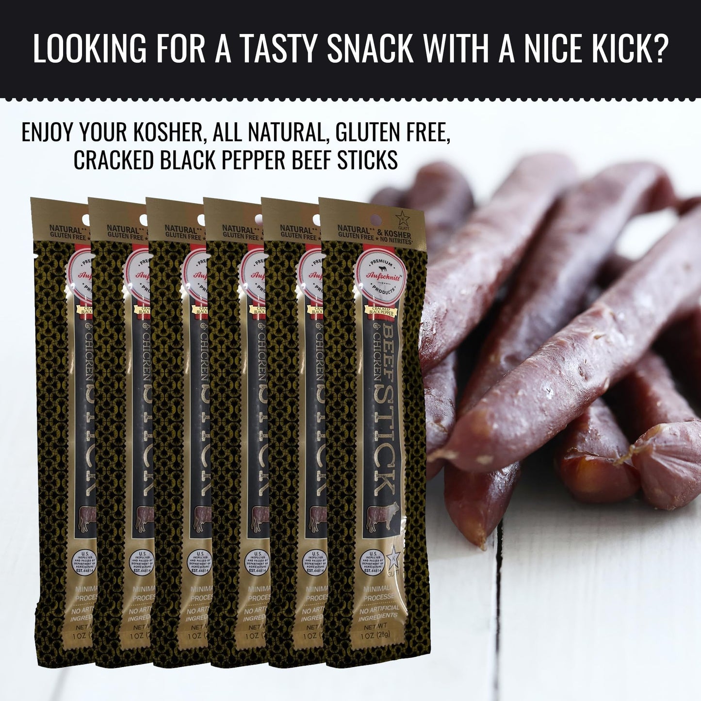 Premium Aufschnitt Grass Fed Beef Jerky Sticks, Low Sodium, Keto & Halal Friendly, 1 Ounce (Pack of 6) - Pepper