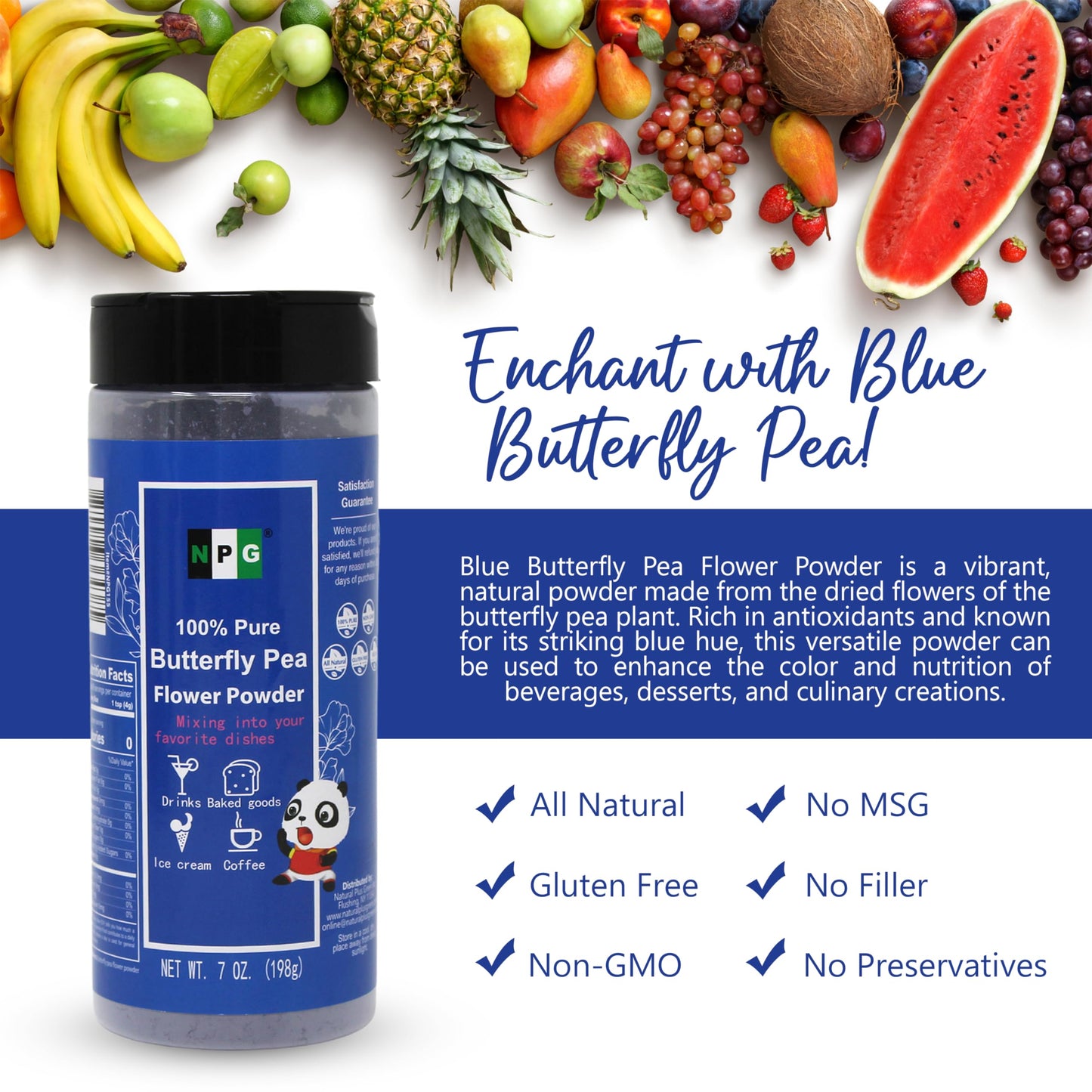 NPG 100% Pure Blue Butterfly Pea Flower Powder, 7 oz, All Natural Non-GMO, Vegan, Rich in Antioxidants, Gluten Free