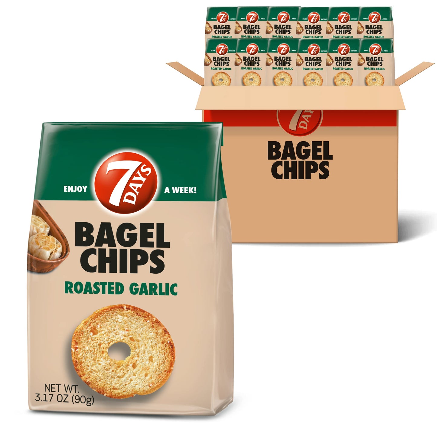 7Days Bagel Chips, Roasted Garlic, Natural, Non-GMO (3.17oz, Pack of 12)