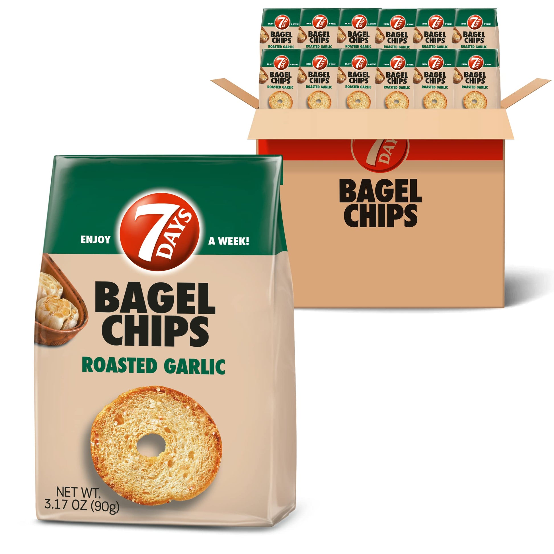 7Days Bagel Chips, Roasted Garlic, Natural, Non-GMO (3.17oz, Pack of 12)