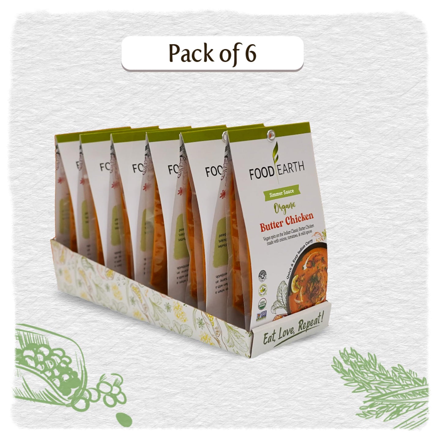 Food Earth Indian Simmer Sauce - Butter Chicken - Organic, Vegan, Gluten-Free, Gmo-Free - Microwavable Cooking Sauce - 12 Pouche