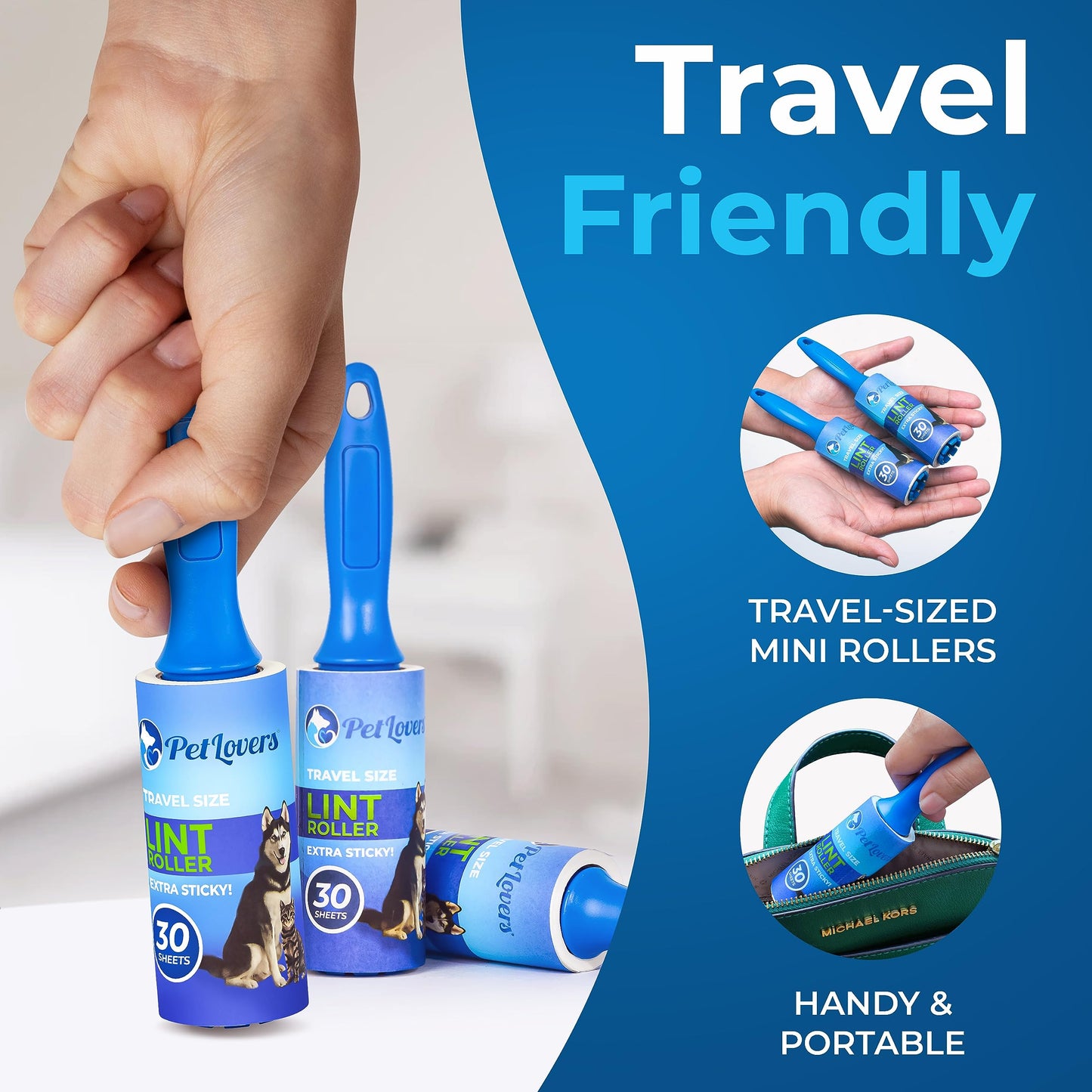 Petlovers Mini Lint Rollers Extra Sticky (4 Pack) - Travel Size Lint Rollers For Pet Hair