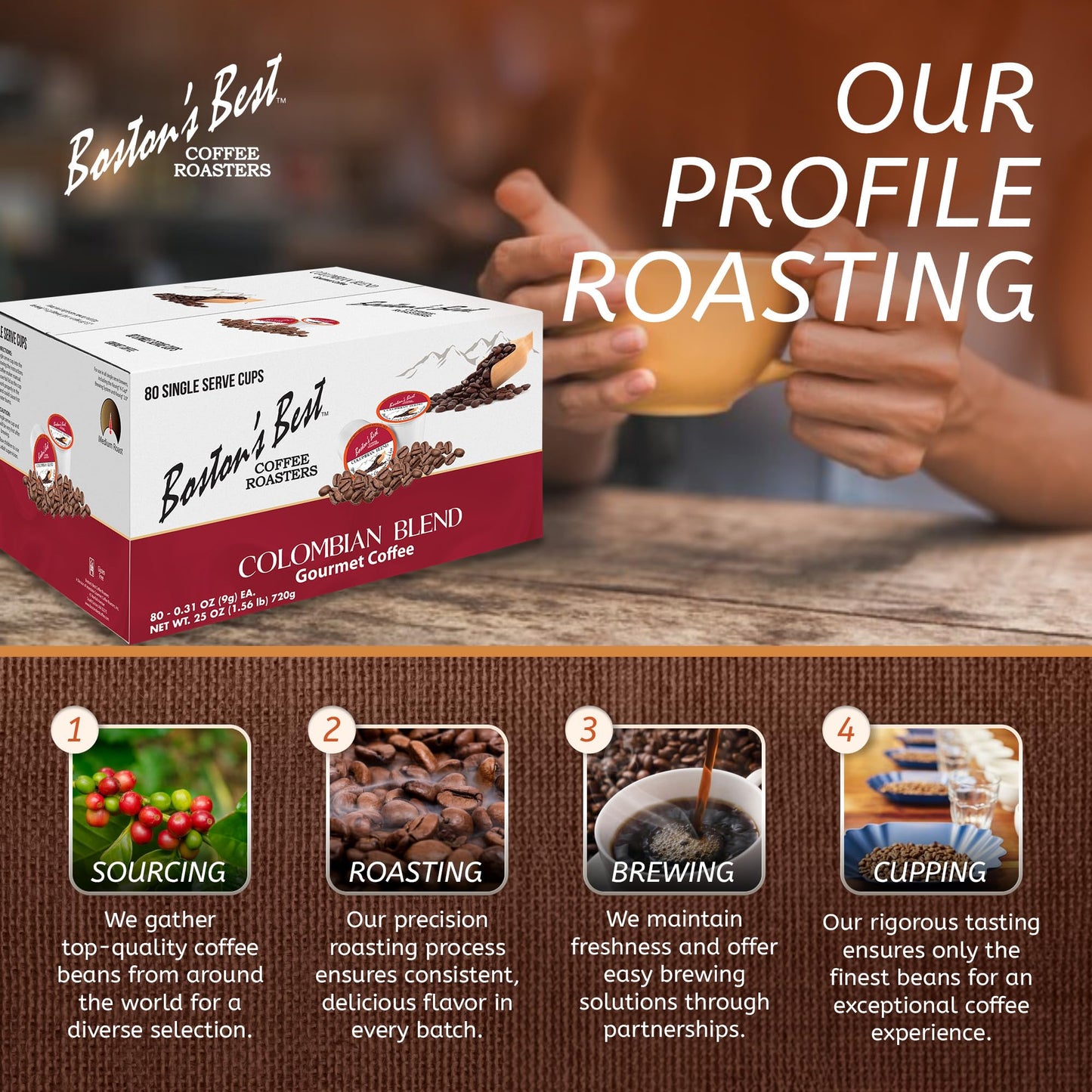 Bostons Best Colombian Blend Gourmet Coffee, Bold Medium Roast, 80 Single Serve Cups, Compatible with Keurig Coffee Maker, Black