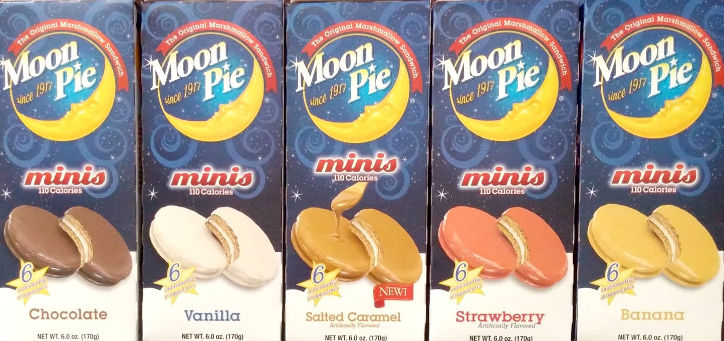 Moon Pie Minis - Complete Variety Pack - All 5 Flavors! (5 Boxes - 1 Salted Caramel - 1 Chocolate - 1 Strawberry - 1 Banana - 1 
