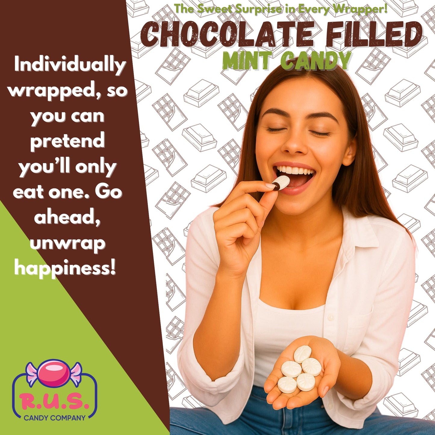 R.U.S. Candy Chocolate Filled Mint Hard Candy - 1 Pound Bag - About 80 Individually Wrapped Pieces