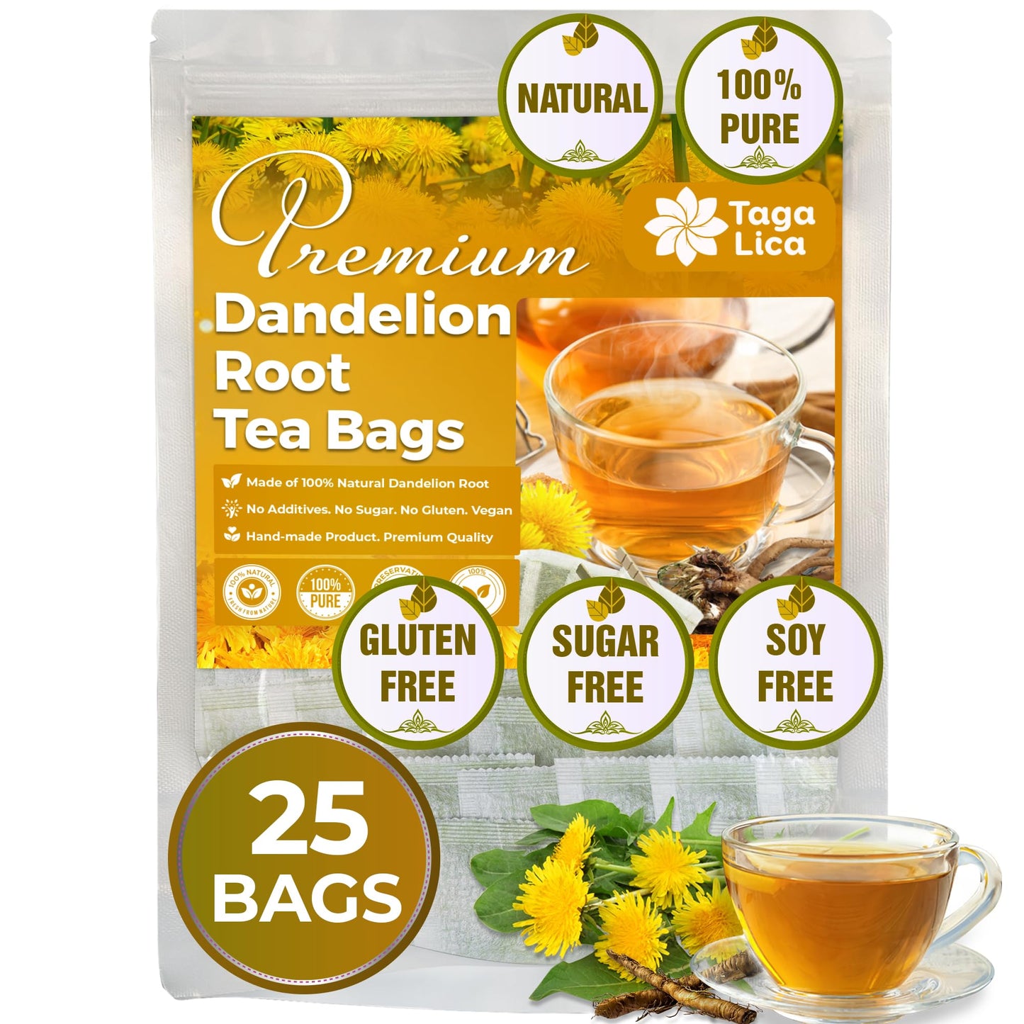 Tagalica Dandelion Root Herbal Tea Bags, 100% Natural, Vegan, Caffeine-Free, 25 Bags