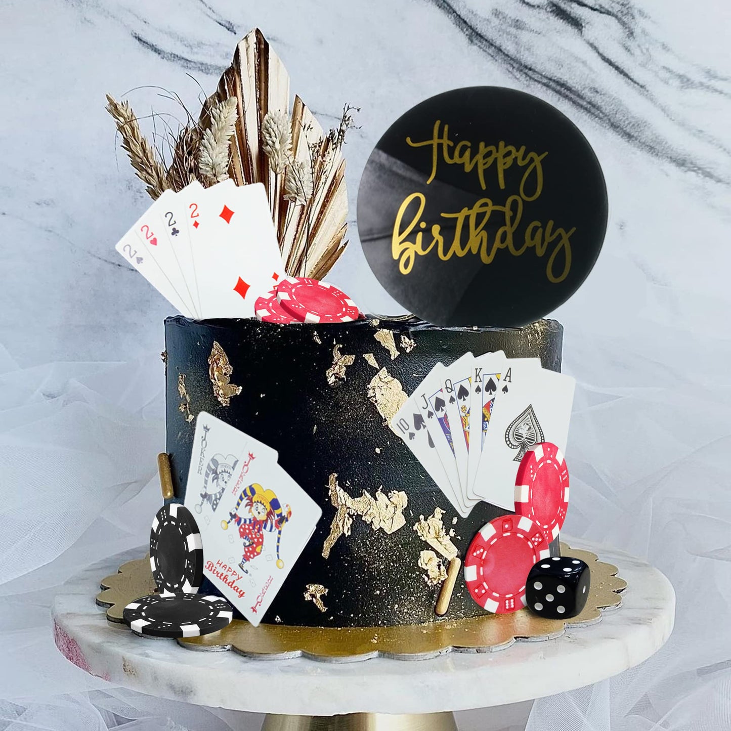 DRWATE  card-style Cake Toppers - 30 PCS Gold  card-style Chips & Mini Slot Machine - 1.9 x 1.1 for Birthday Party Decorations