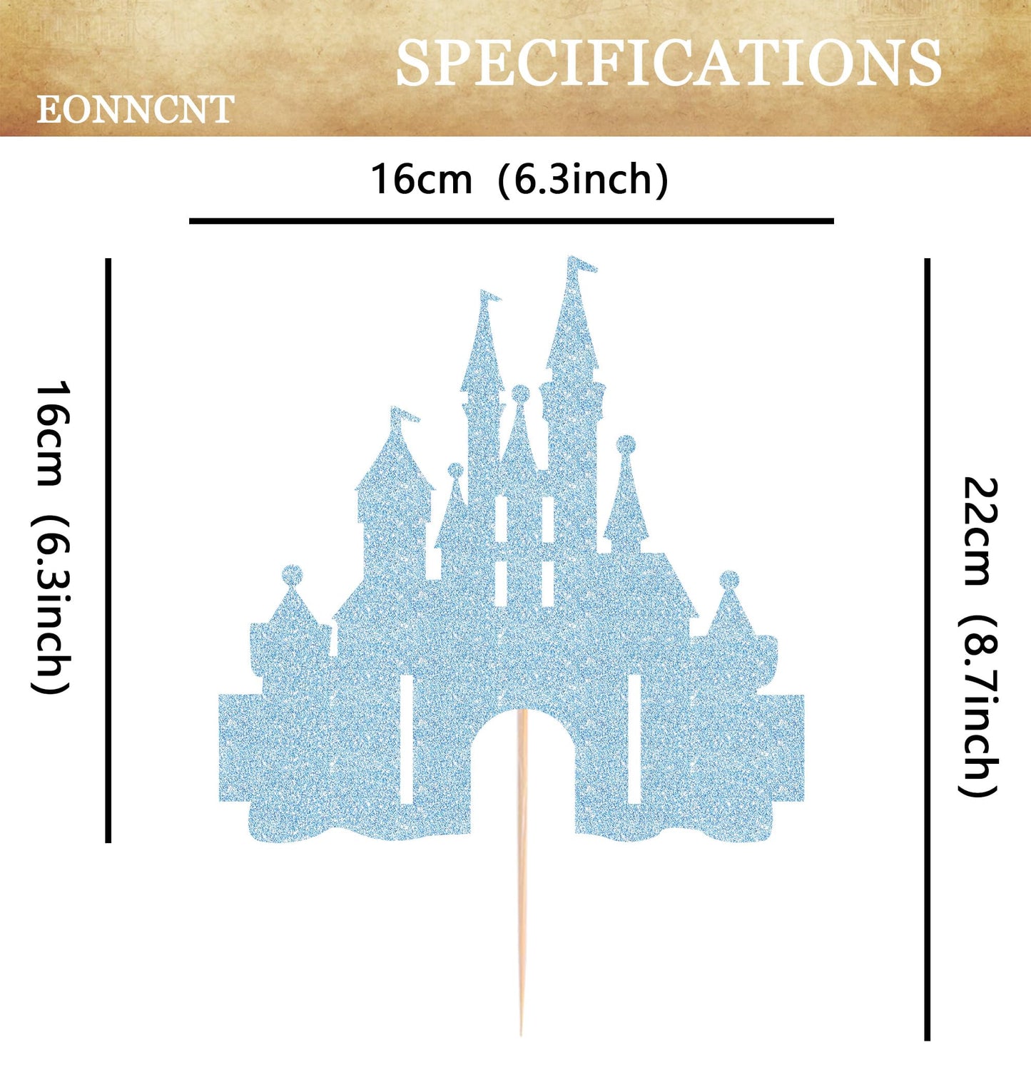 EONNCNT Castle Cake Topper - Light Blue Glitter Cardboard Decoration, 6.3 x 8.7 inches, Birthday Party Supplies