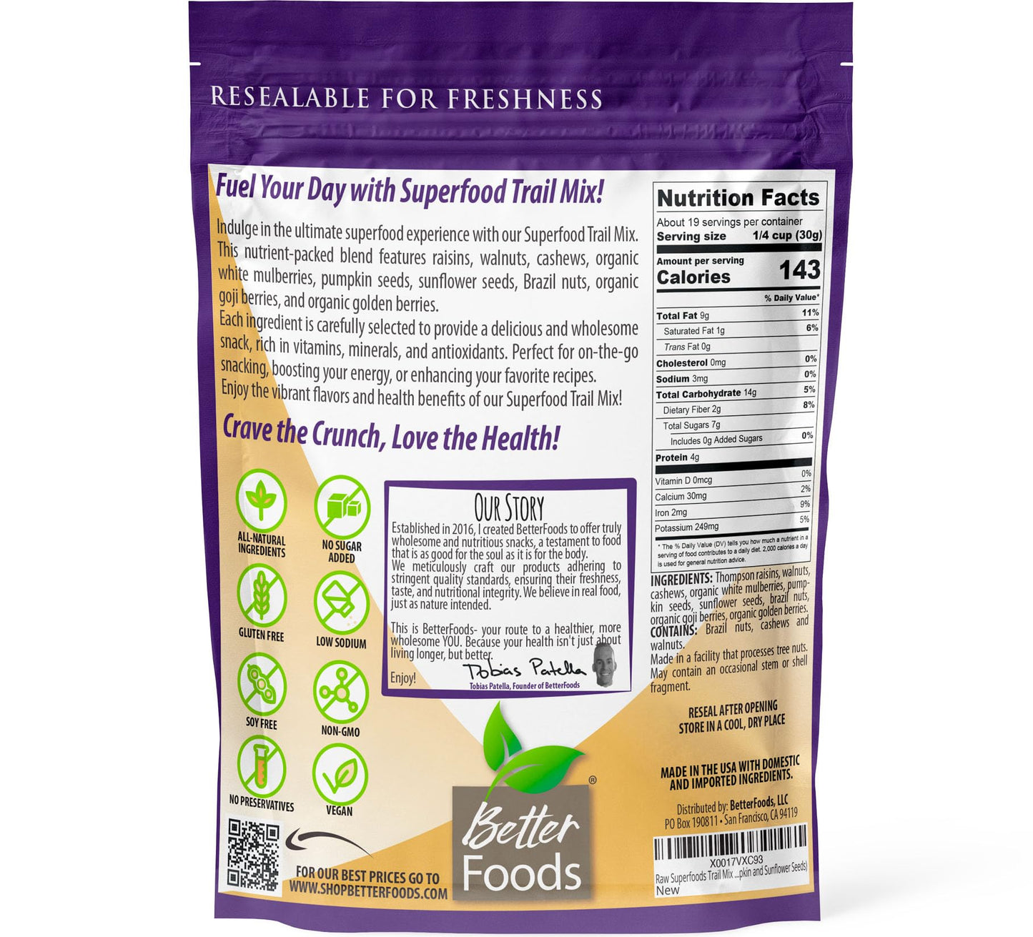 BetterFoods Raw Superfoods Trail Mix - The Works | Cashews, Mulberries, Pumpkin Seeds, Sunflower Seeds, Brazil Nuts, Goji Berrie