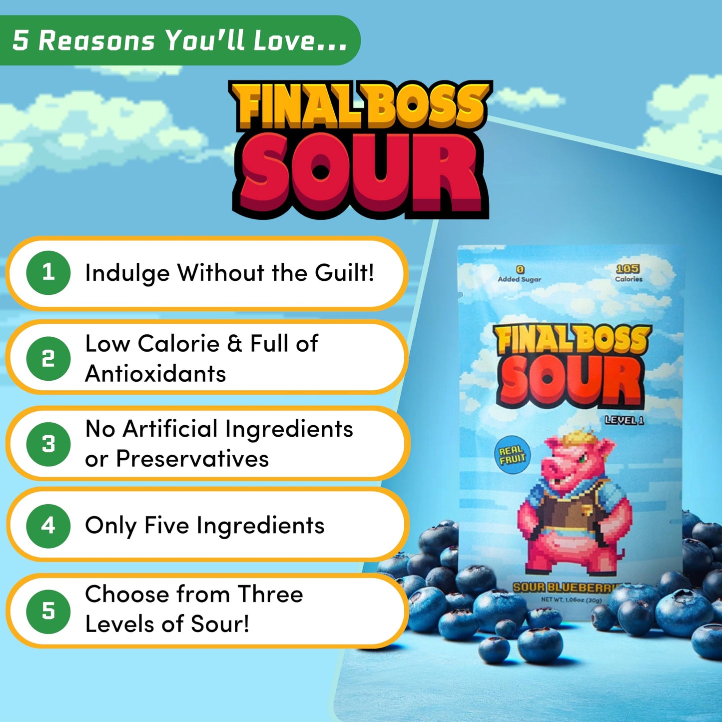 FINAL BOSS Extremely Super Sour Candy - Chewy Blueberry Gummies, Low Calorie Snack, 1.06 Ounce Bags, Pack of 10