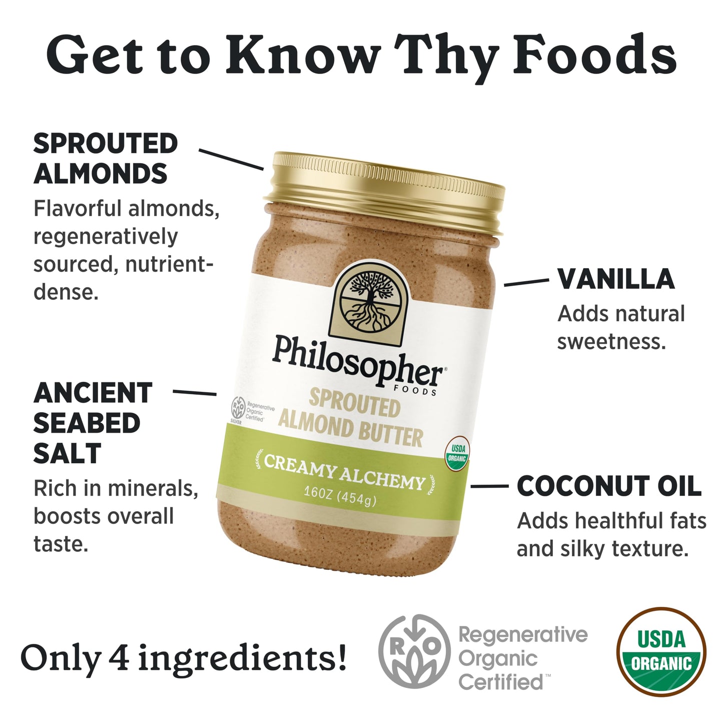 Philosopher Foods - Creamy + Crunchy Alchemy Sprouted Almond Butter - 16 Oz (Pack Of 2) - Stone Ground Regenerative Organic Crea
