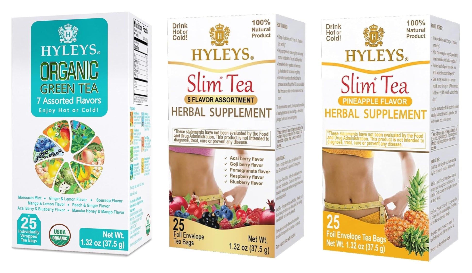 Hyleys Tea Variety Pack Bundle - Organic Green Tea 7 Flavors, Slim Tea 5 Flavor Assortment, and Pineapple Flavor - 75 Total Tea 