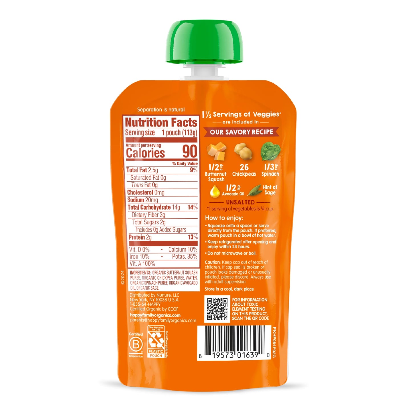 Happy Baby Organics Savory Blends Stage 2 Baby Food, Squash Chickpeas & Spinach with Avocado Oil + Sage, 4 Ounce Pouch (Pack of