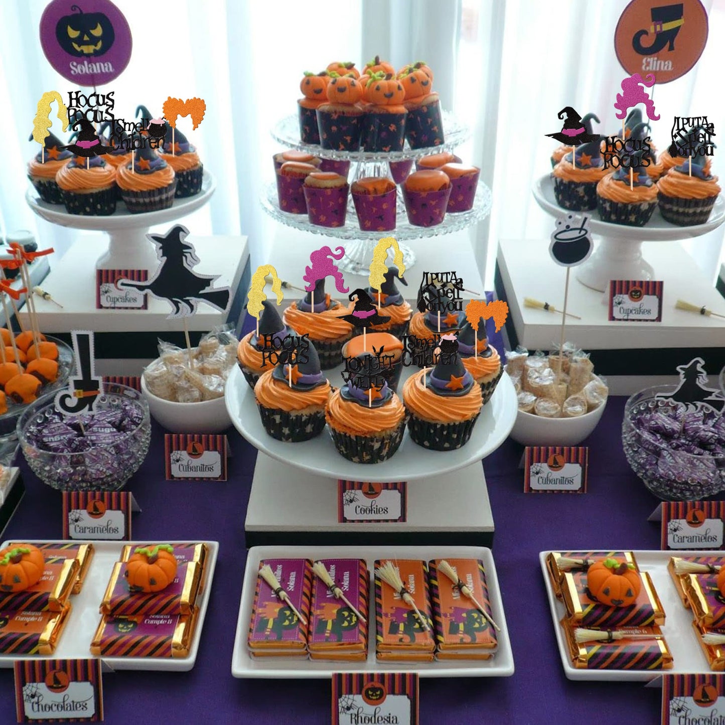 32 Pcs Hocus Pocus Cupcake Toppers Glitter Witch Hair Hat I Put A Spell On You I Smell Children Halloween Cupcake Picks For Hall