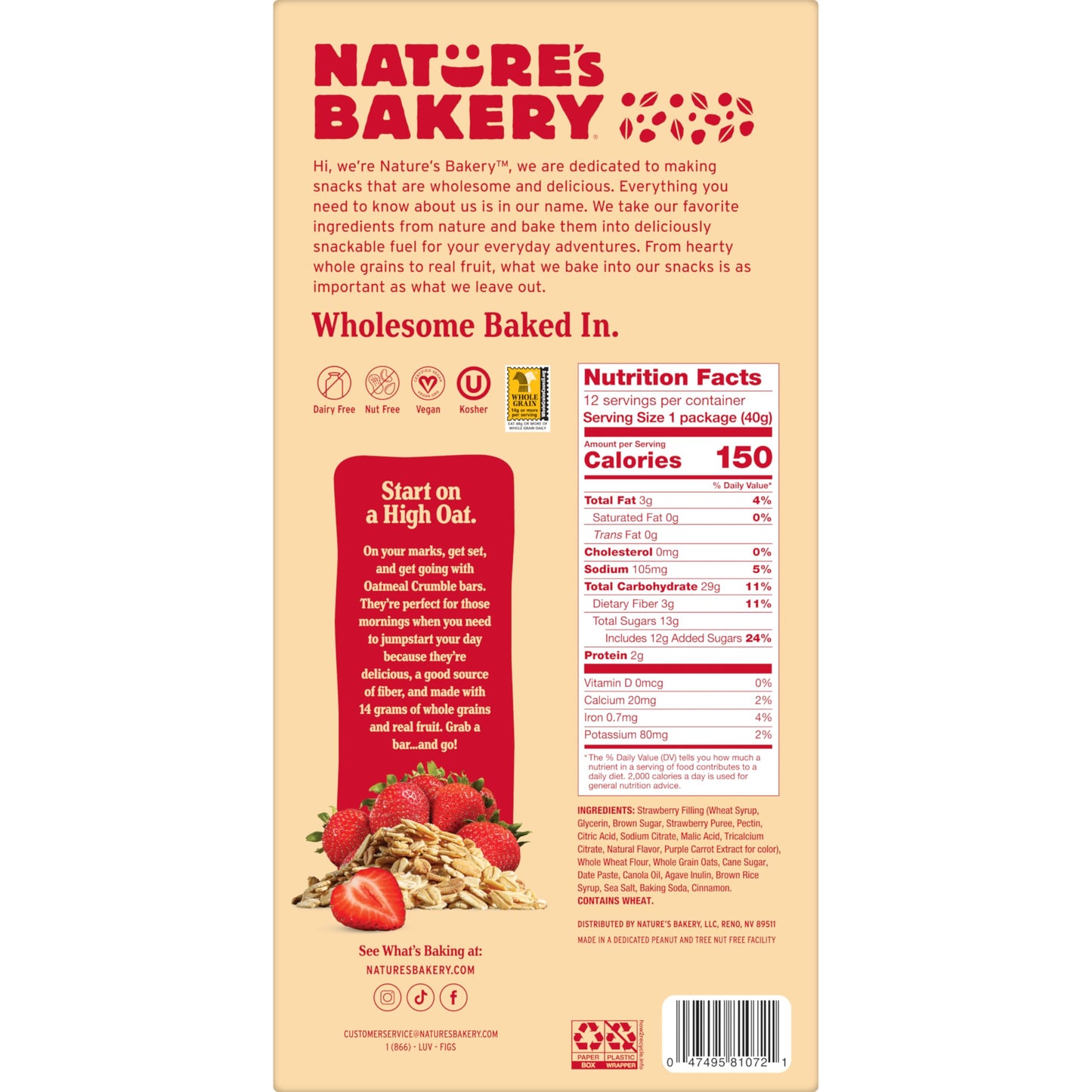Nature'S Bakery Oatmeal Crumble Bars, Strawberry, Real Fruit, Vegan, Non-Gmo, Breakfast Bar, 7 Boxes With 12 Bars, 84 Count