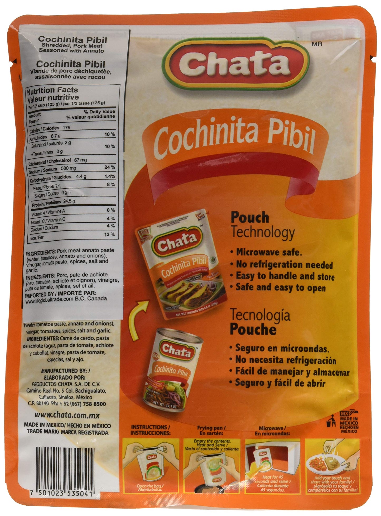 Chata Cochinita Pibil, Shredded Pork Meat, Seasoned With Annato, Ready-To-Eat, No Preservatives, 8.8 Oz Pouch (Pack Of 1)