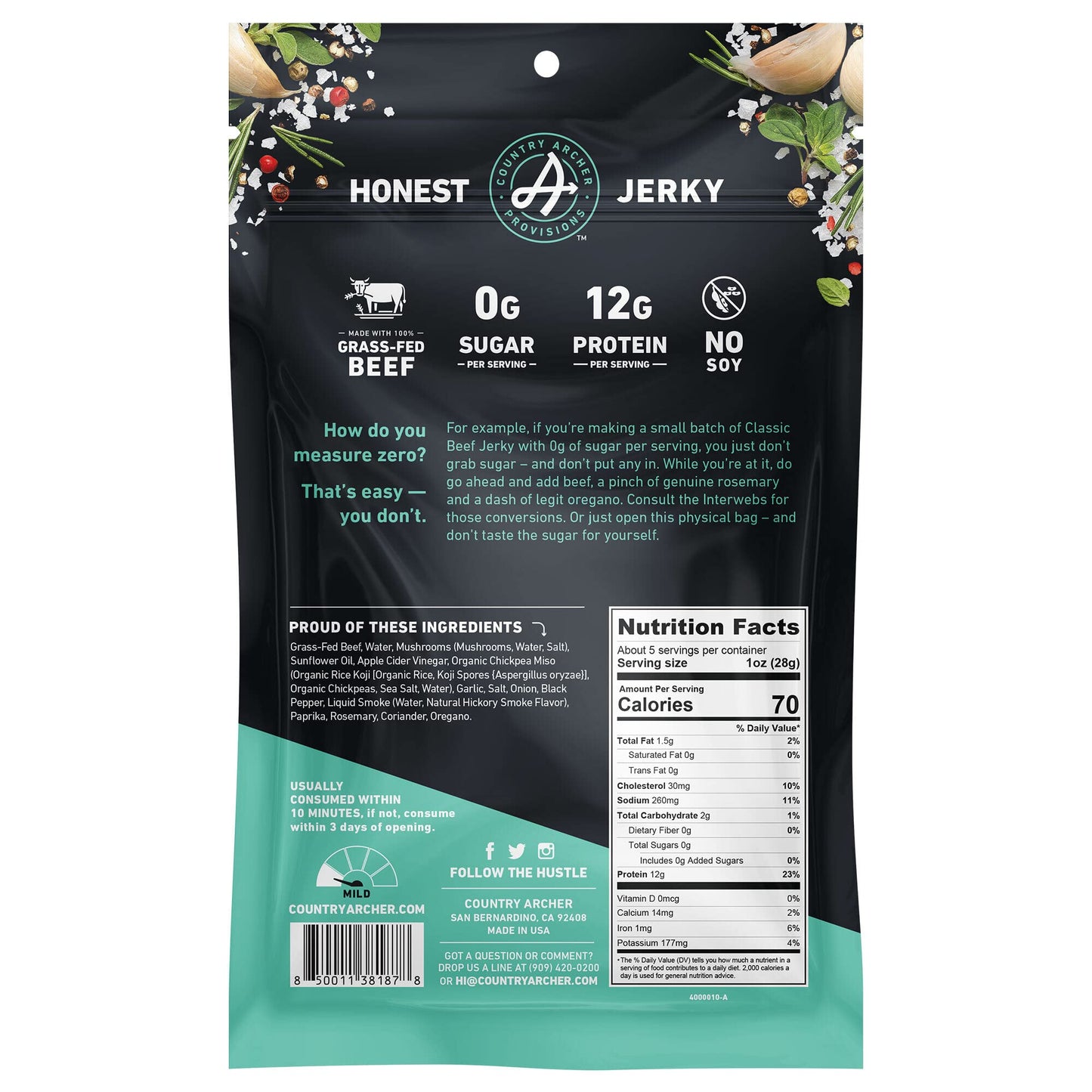 Zero Sugar Classic Beef Jerky by Country Archer, 100% Grass-Fed, Sugar Free, Gluten Free, Protein Snacks, 5.3 Ounce, 2 Pack
