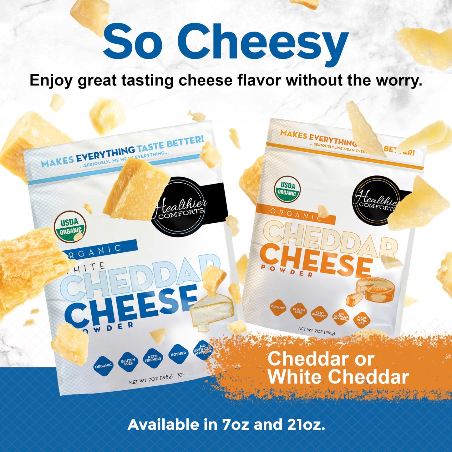 Healthier Comforts Organic White Cheddar Cheese Powder - Gluten Free, Keto-Friendly, Non-GMO, 7 oz, White