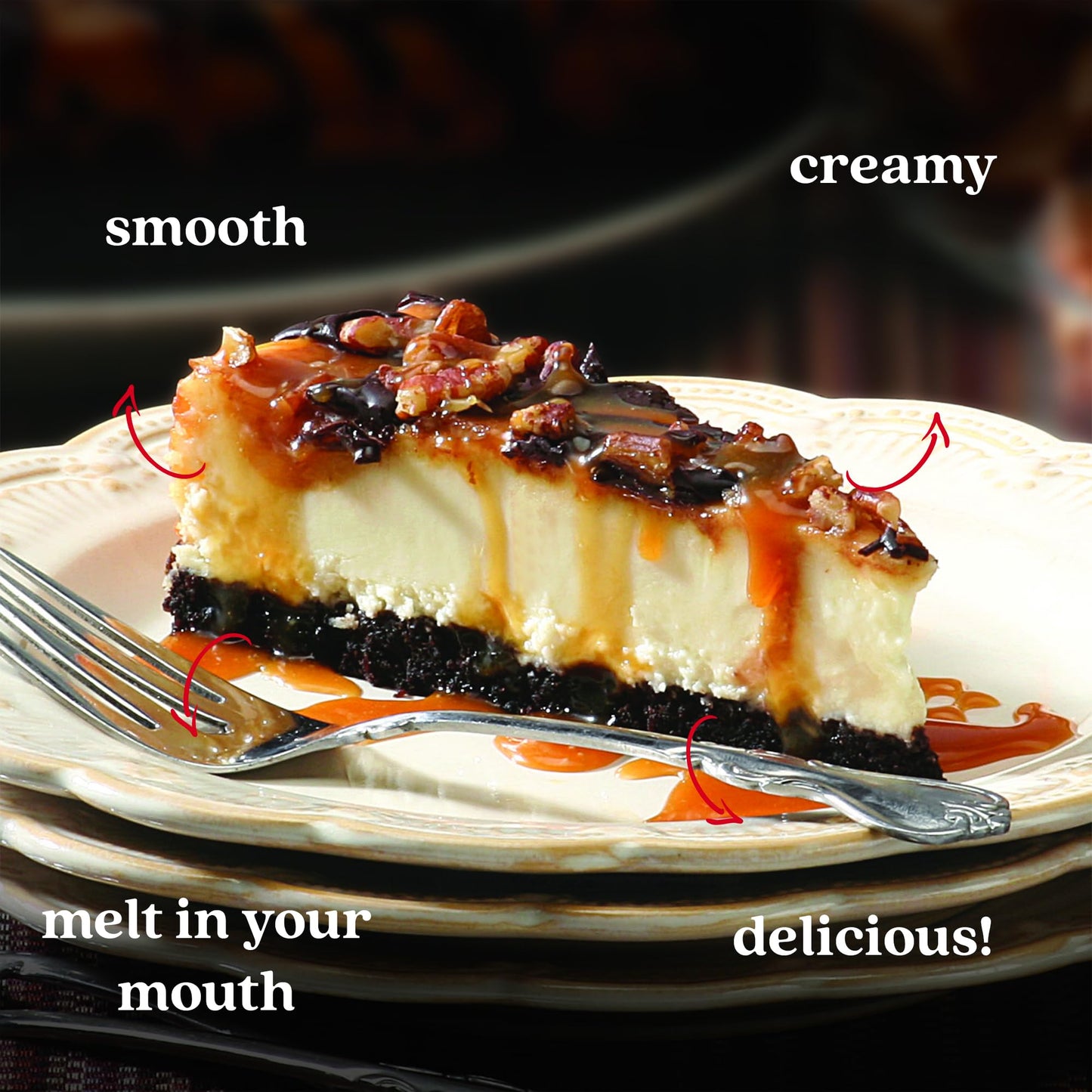 Davids COOKIES Chocolate Caramel Pecan Cheesecake, 10 Pre-sliced, 14 pcs, Creamy Dessert, Great Gift Idea