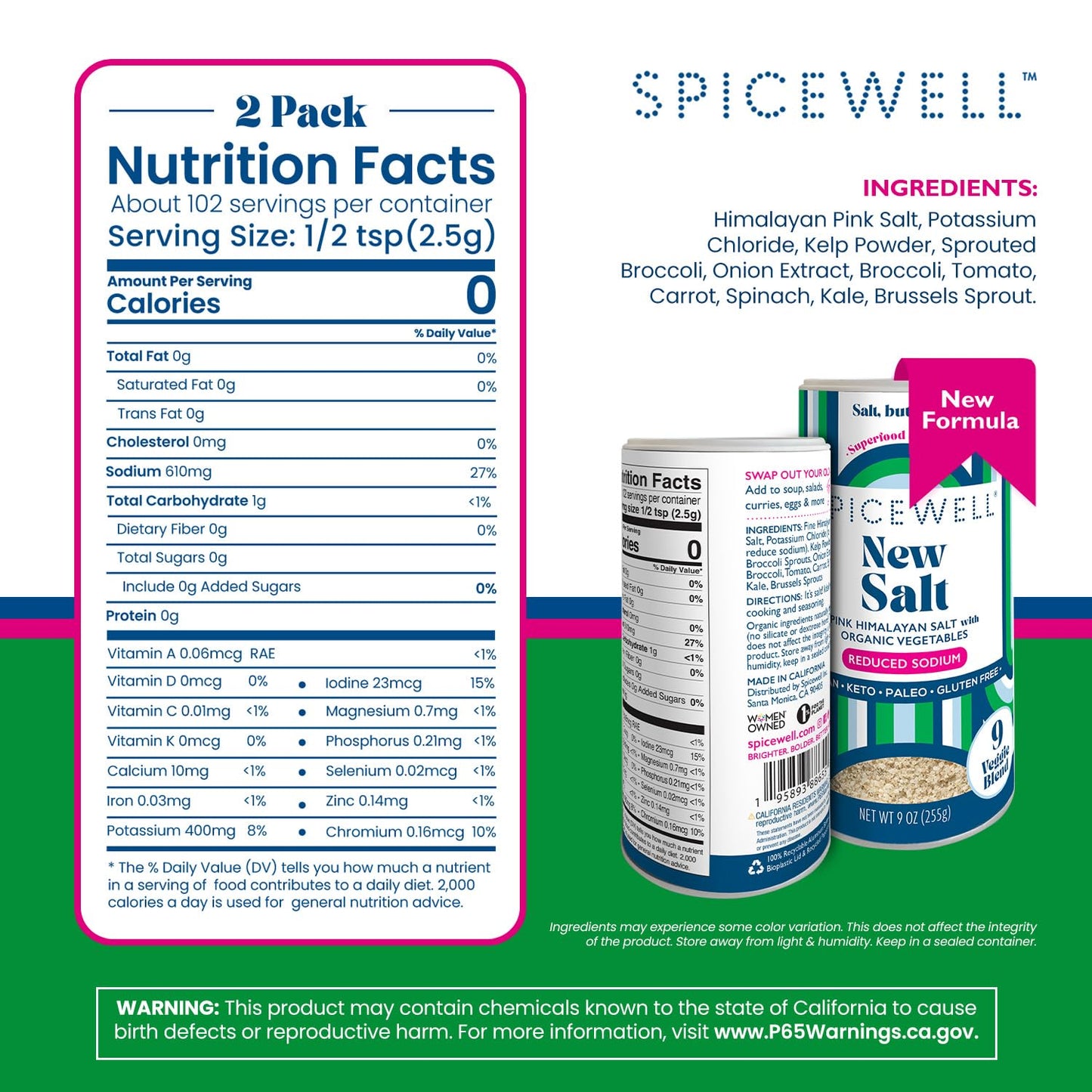 Spicewell - Himalayan Pink Salt Pouch - Boosted with 9 Real Veggies, Less Sodium Than Table Salt - Fine Ground - 9oz Shaker (2 p