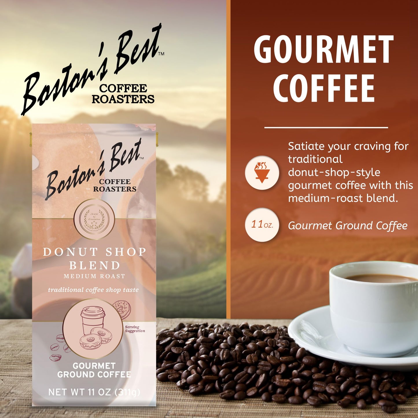Bostons Best Coffee - Donut Shop Gourmet Coffee, Hearty Medium Roast, Premium Ground Coffee, 11 Oz. / 311 G Coffee Bag