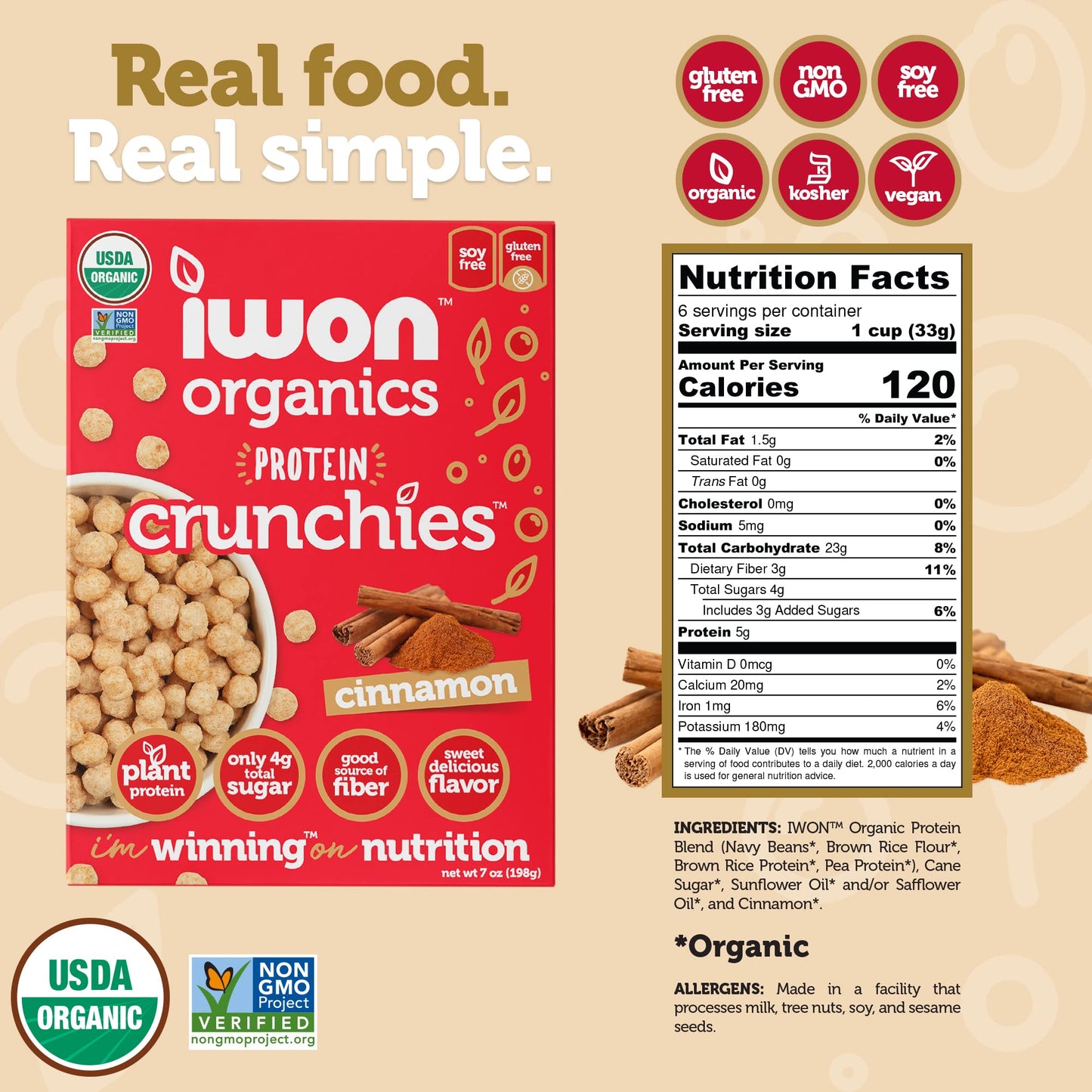 Iwon Organics Protein Crunchies - Plant-Based Protein Low Sugar Gluten & Dairy Free Non-Gmo Organic Breakfast Cereal - Cinnamon
