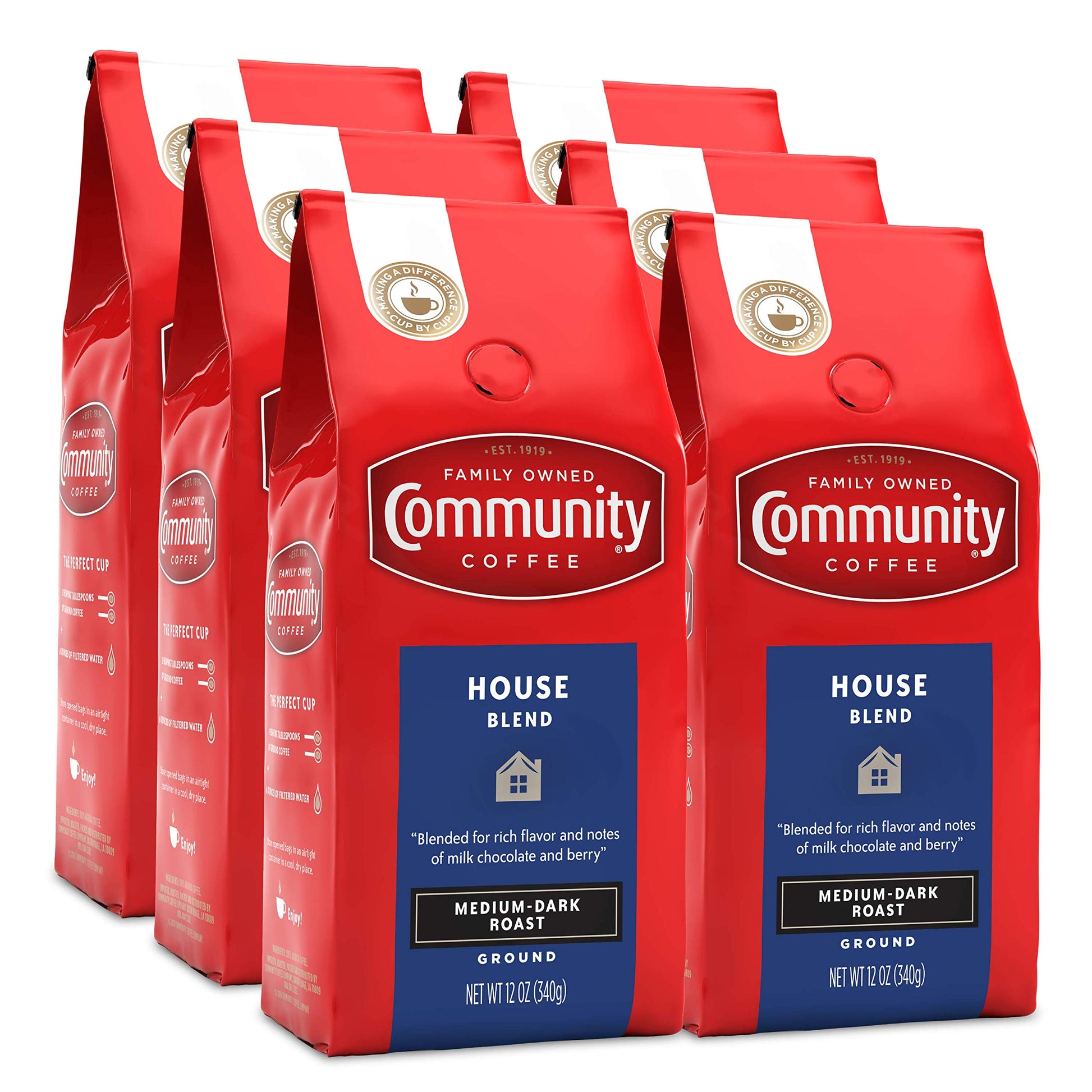 Community Coffee House Blend Medium Dark Roast Ground Coffee, 12 Ounce Bag, Pack of 6, Red