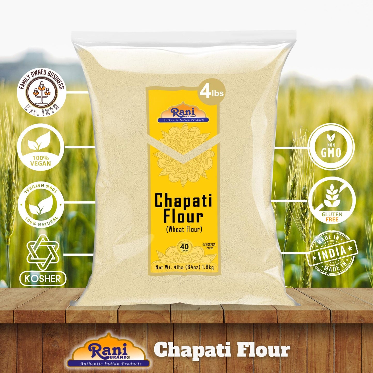 Rani Chapati Flour (100% Pure Whole Wheat Atta), For Making Roti & Indian Breads 64Oz (4Lbs) 1.81Kg Bulk ~ All Natural | Vegan |