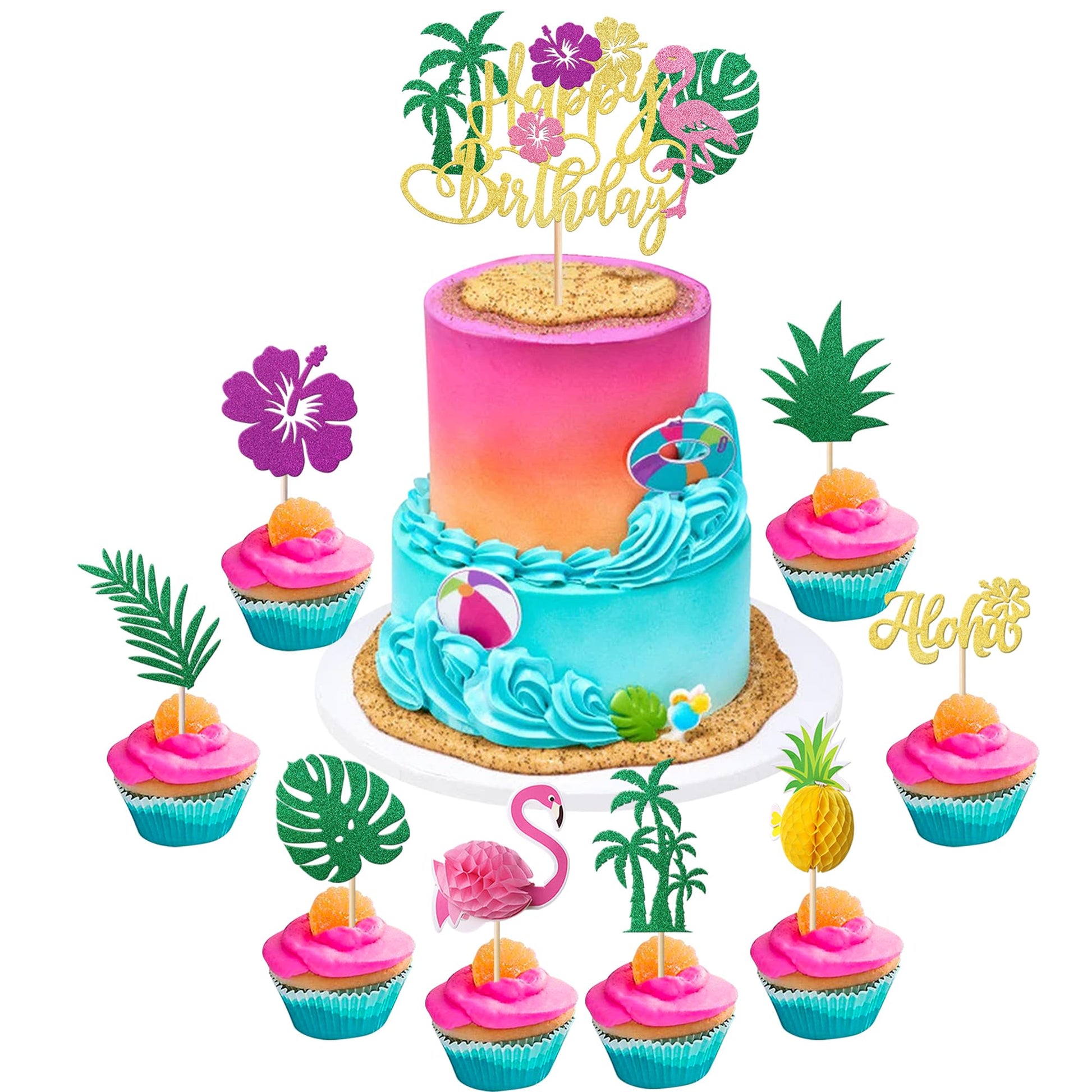 Rsstarxi Tropical Luau Cupcake Toppers, Happy Birthday Flamingo, Palm Tree, Pineapple, Paper, 6x8 inches, Design 10, 25 Pack