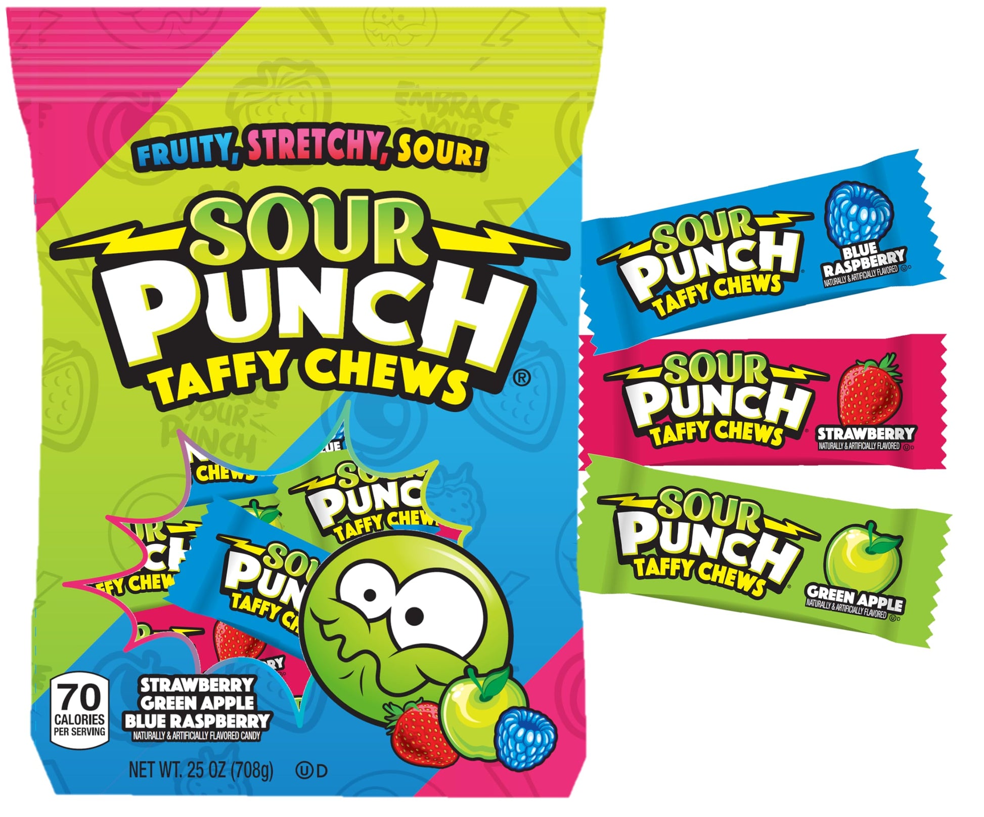 Adams & Brooks Sour Punch Chews Candy - Green Apple, Strawberry, Blue Raspberry, 25 Ounce Bag