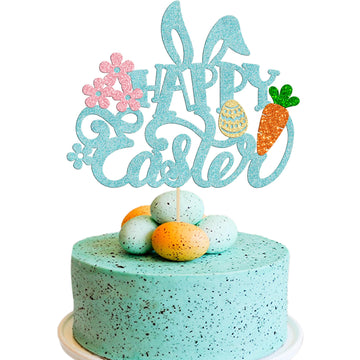 Gyufise 1 Pack Happy Easter Cake Topper Glitter Bunny Ear Cake Pick Decorations for Happy Easter Spring Themed Baby Shower Kids 