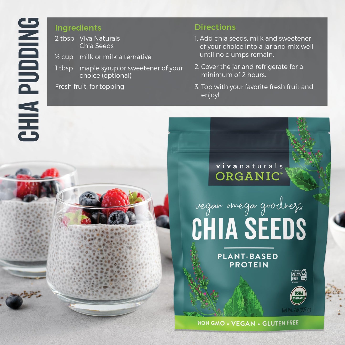 Viva Naturals Organic Chia Seeds 2 Lbs - Plant-Based Omega-3 And Vegan Protein, Non-Gmo Chia Seeds Organic Perfect For Smoothies