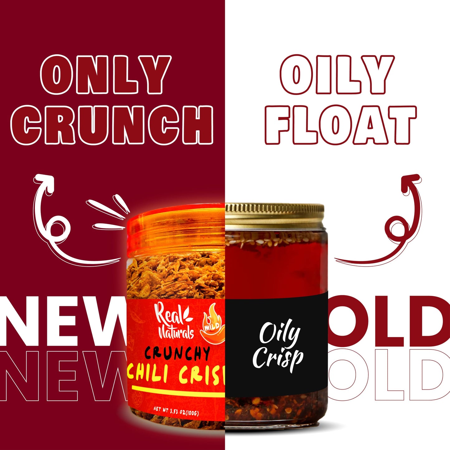 Chili Crisp No-Floating Oil (3 Bottles Medium Hot) Spicy Chilli Crisp Crunch. Crispy Garlic & Onion ''No-Oil'' Chili Oil Crisp B