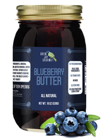 Green Jay Gourmet Blueberry Butter - All-Natural, Gluten-Free Fruit Spread - Blueberry Spread with Fresh Blueberries - Gourmet F