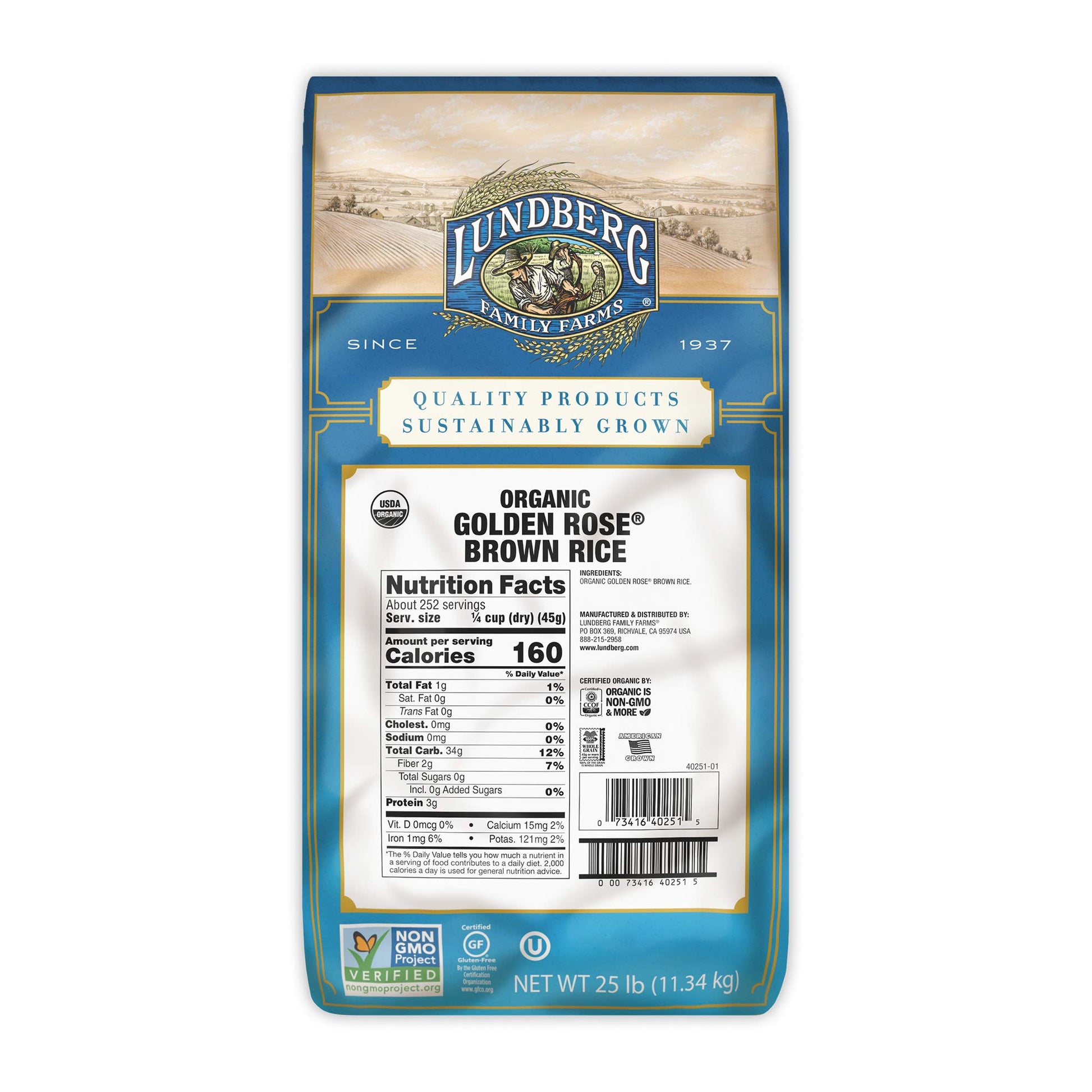 Lundberg Family Farms - Organic Golden Rose Brown Rice, Premium Medium Grain Bulk Rice, Non-GMO, Certified Gluten-Free, USDA Cer