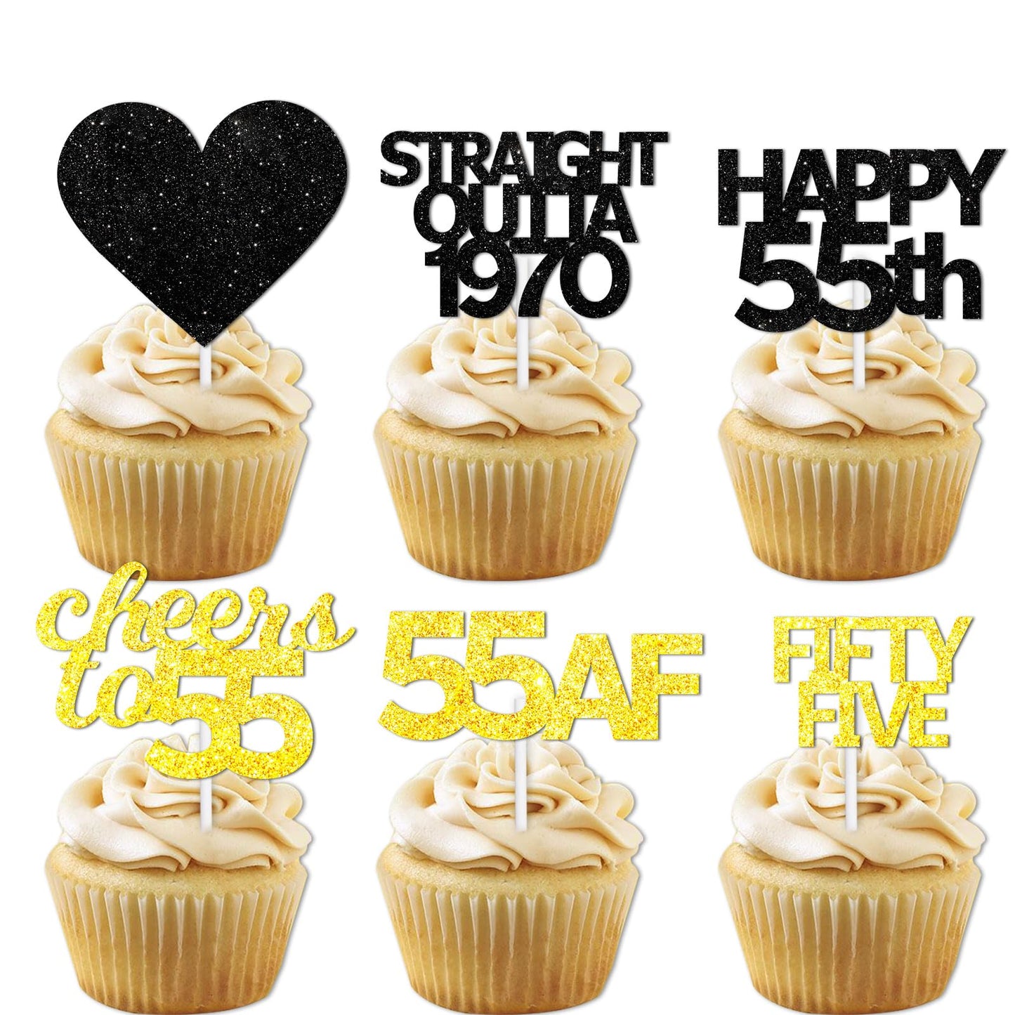 18pcs Black Gold Glitter Dessert Cupcake Pick for Straight Outta 1970 Cheer to 55 Years Old Theme Decor Supplies Happy 55th Birt