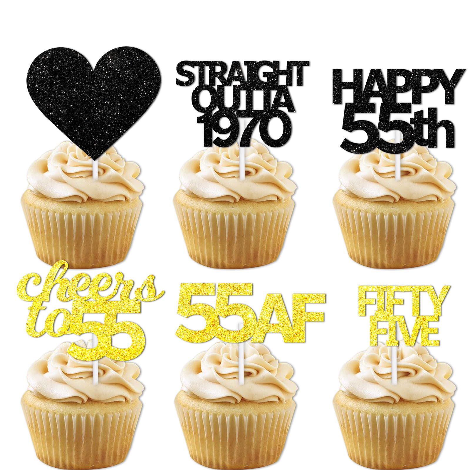 18pcs Black Gold Glitter Dessert Cupcake Pick for Straight Outta 1970 Cheer to 55 Years Old Theme Decor Supplies Happy 55th Birt