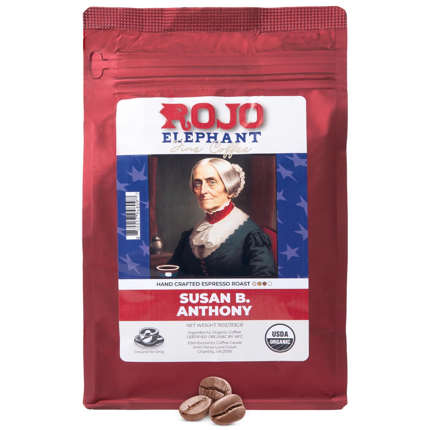 Rojo Elephant Susan B. Anthony Handcrafted Espresso Ground Coffee, Made From 100% Arabica Beans, Premium, Smooth, Rich Flavor, U