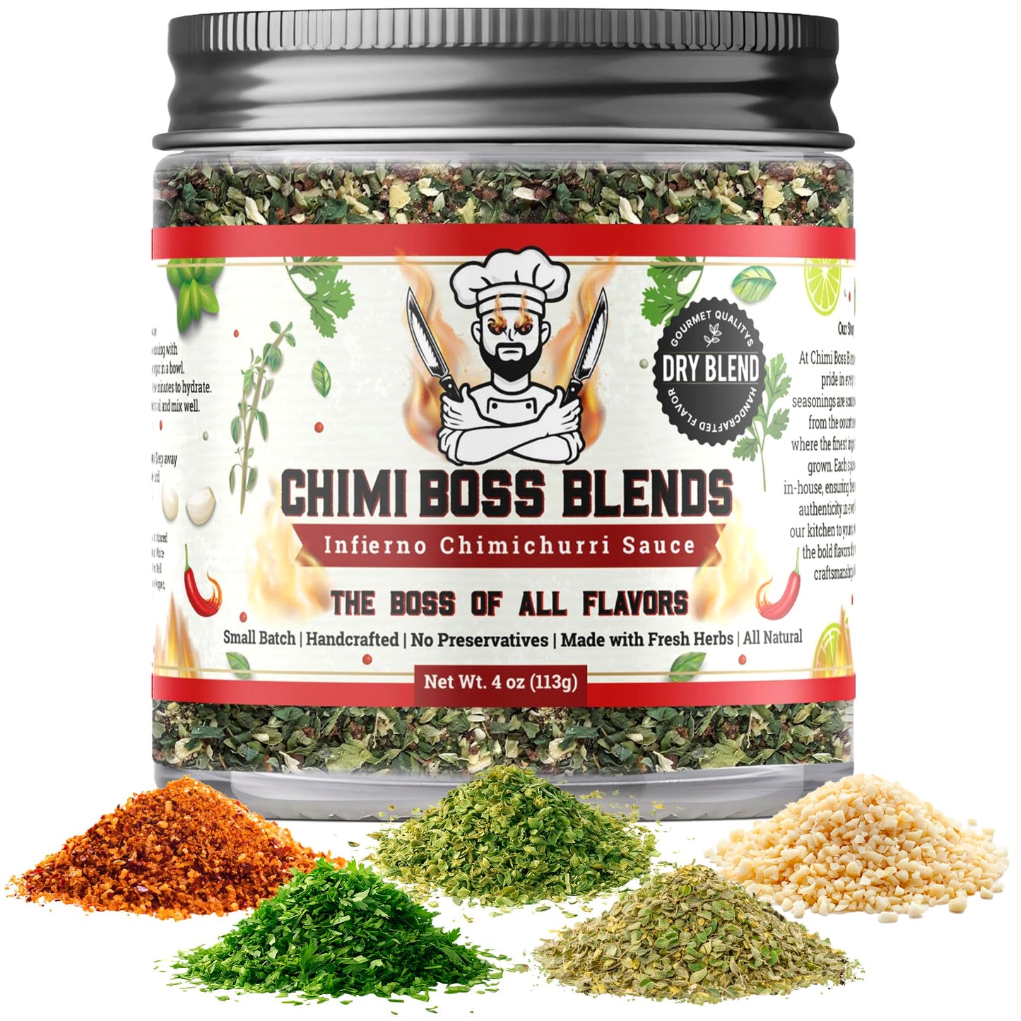 Chimi Boss Blends Infierno Chimichurri Dry Seasoning, 4 oz - Spicy Argentinian Herb & Chili Rub with Parsley, Garlic & Oregano -