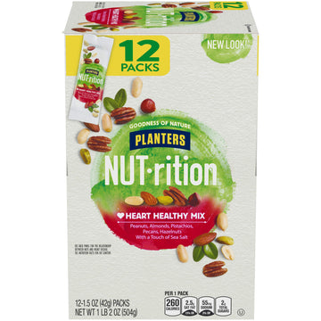 Planters Nut-Rition Heart Healthy Mix, 1.5 Oz Bags (Pack Of 12) - On-The-Go Snack, Work Snack, School Snack And Active Lifestyle