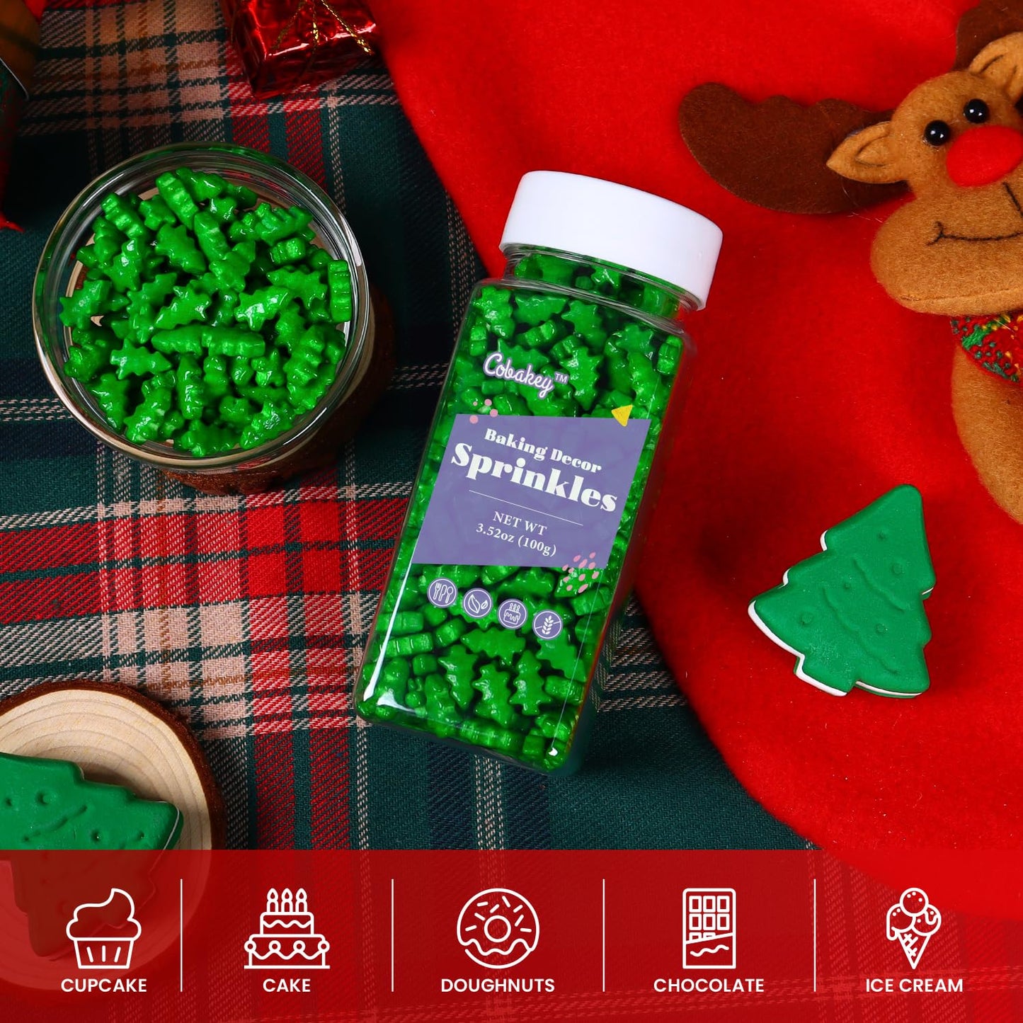 Cobakey Christmas Sprinkles for Cookies, Green Tree, 3.52 Ounce