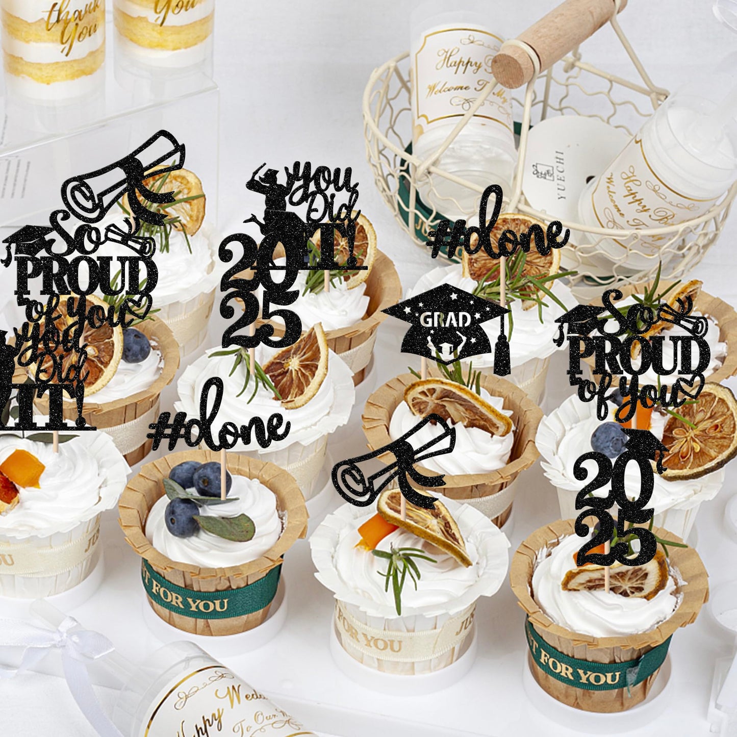 YCTHUNFISH Graduation Cupcake Toppers, 24 Pack, Glitter, Bamboo, Orange, 2025 Theme Party Decorations