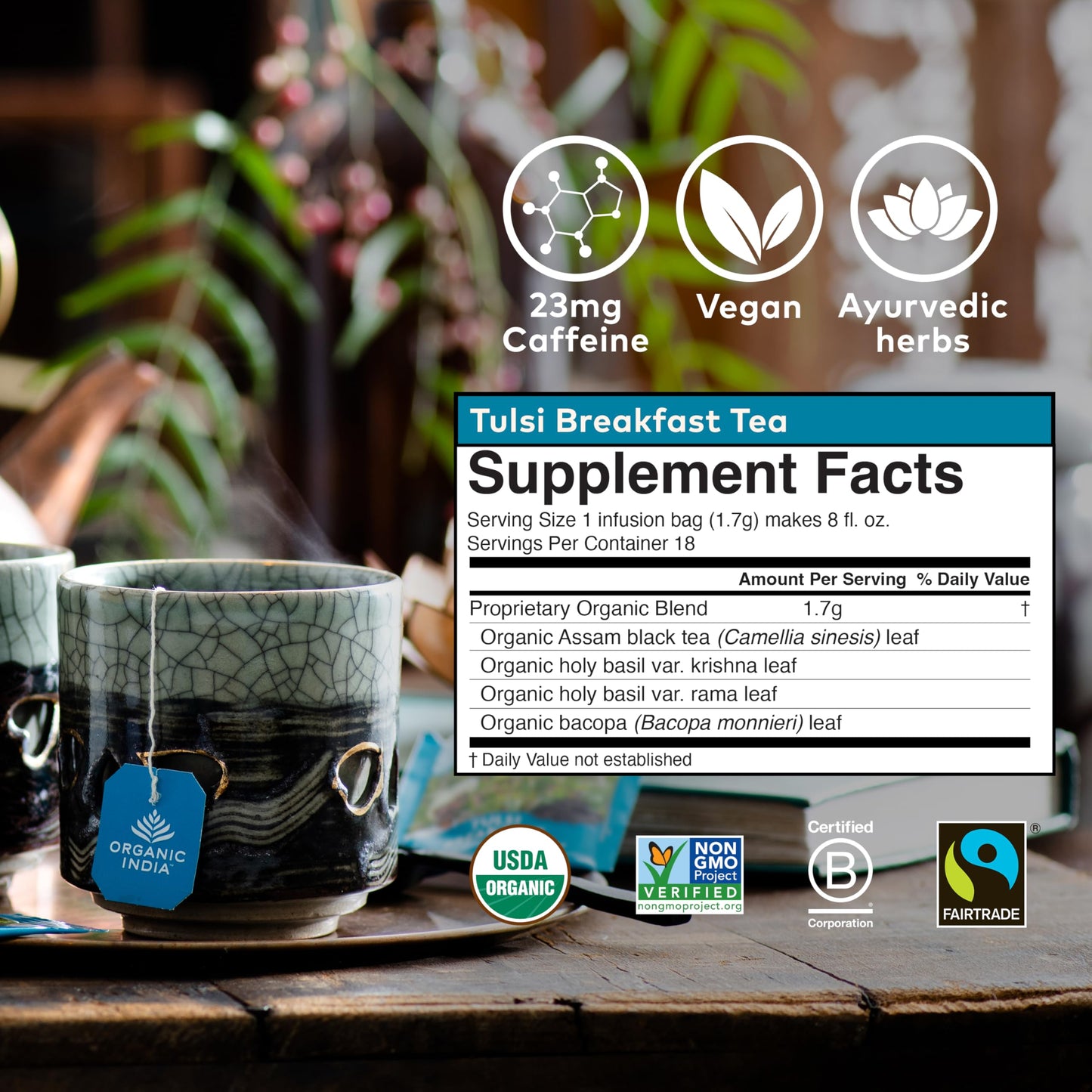 Organic India Tulsi Breakfast Herbal Tea - Black Tea, Holy Basil, Relieve Stress & Energize, Immune Support, Adaptogen - Vegan,