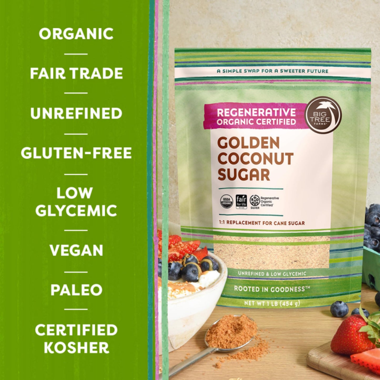 Big Tree Farms Organic Golden Coconut Sugar - Coconut Palm Sugar, Unrefined, Fine Crystals, Cane Sugar Replacement, Coconut Blos
