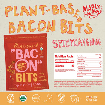 Madly Hadley Plant-Based Bacon Bits, Organic Vegan Snack, Keto-Friendly, Gluten-Free, 6 Oz (Pack of 2), Spicy Cayenne