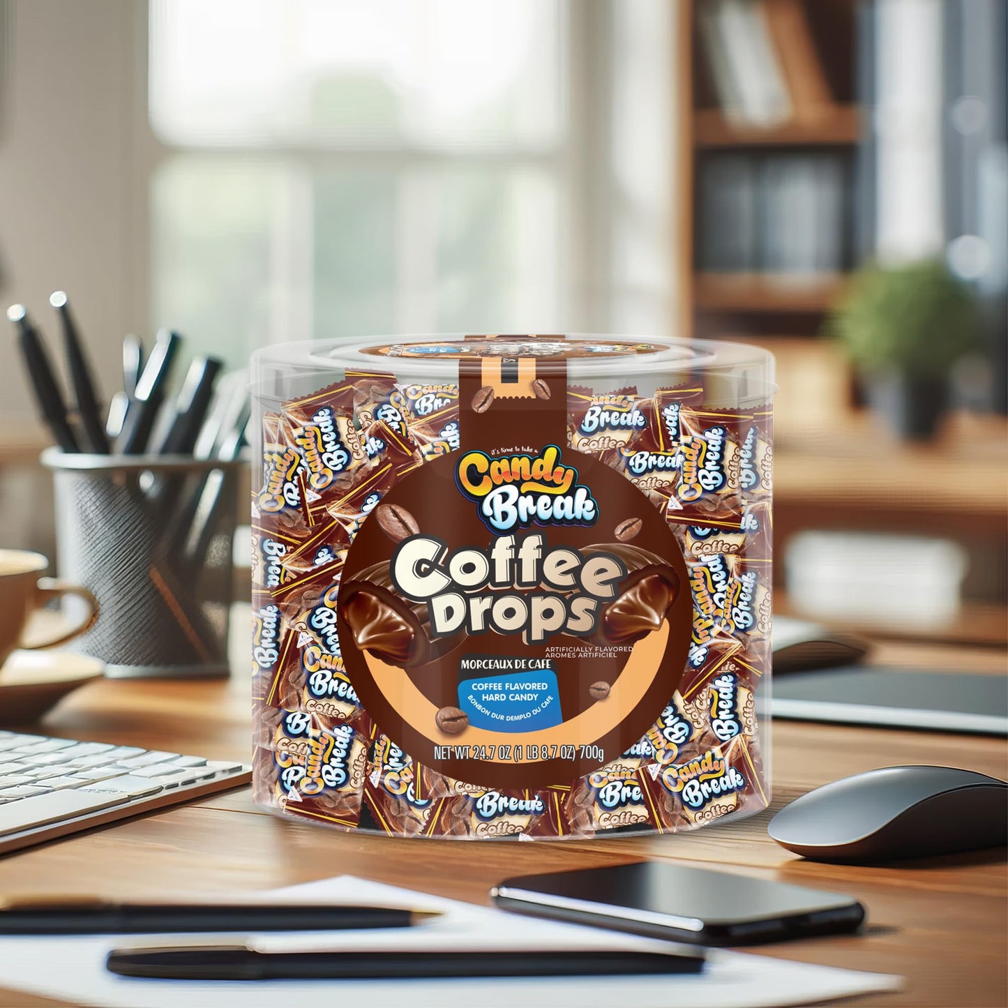 CANDY BREAK Coffee Drops, Center Filled Hard Candy, Espresso Flavor, 24.7 Oz Bulk Bag, Individually Wrapped, Brown