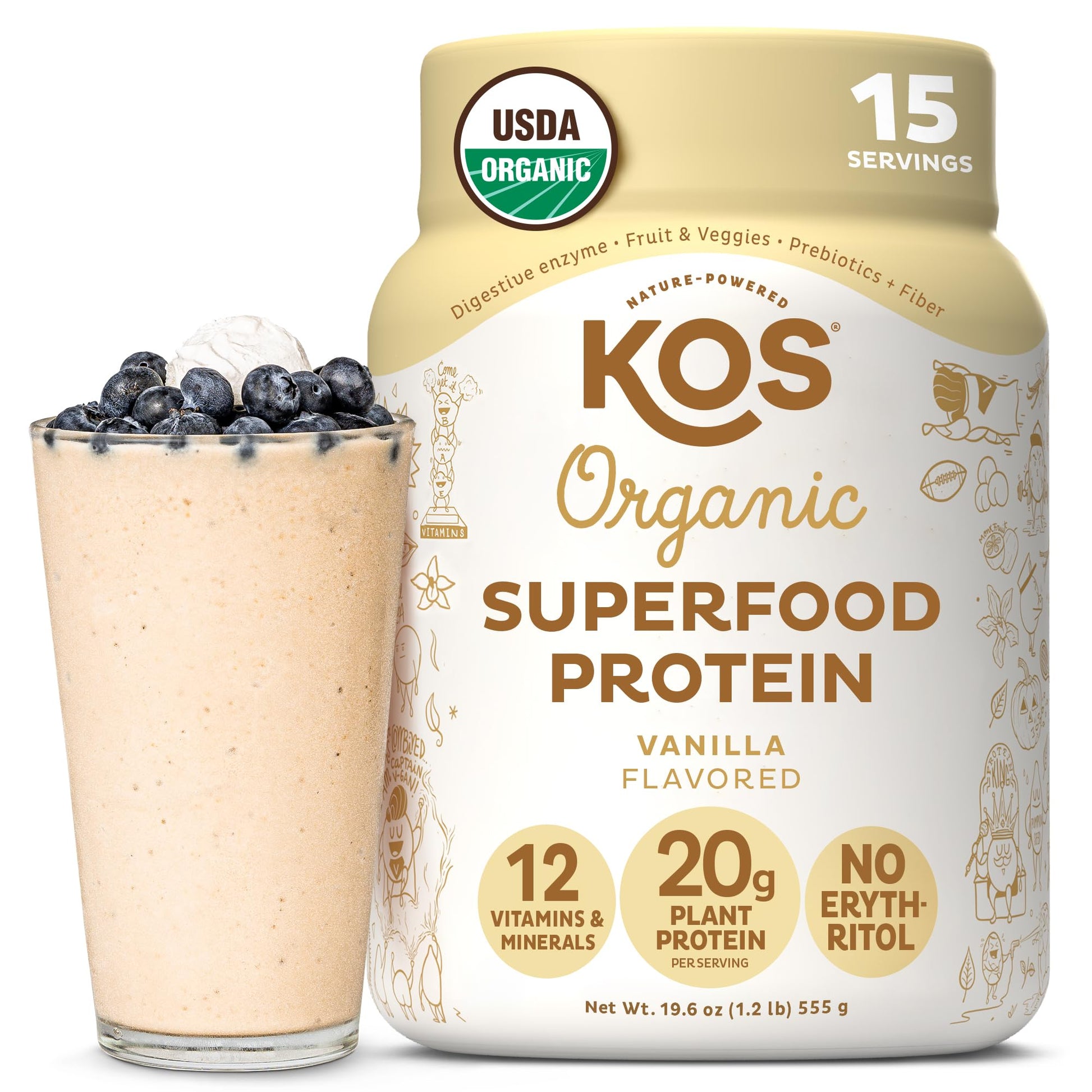 KOS Vegan Protein Powder Erythritol Free, Vanilla - USDA Organic Pea Protein Blend, Plant Based Superfood Rich in Vitamins & Min