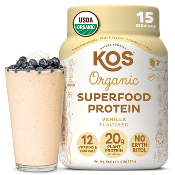 KOS Vegan Protein Powder Erythritol Free, Vanilla - USDA Organic Pea Protein Blend, Plant Based Superfood Rich in Vitamins & Min